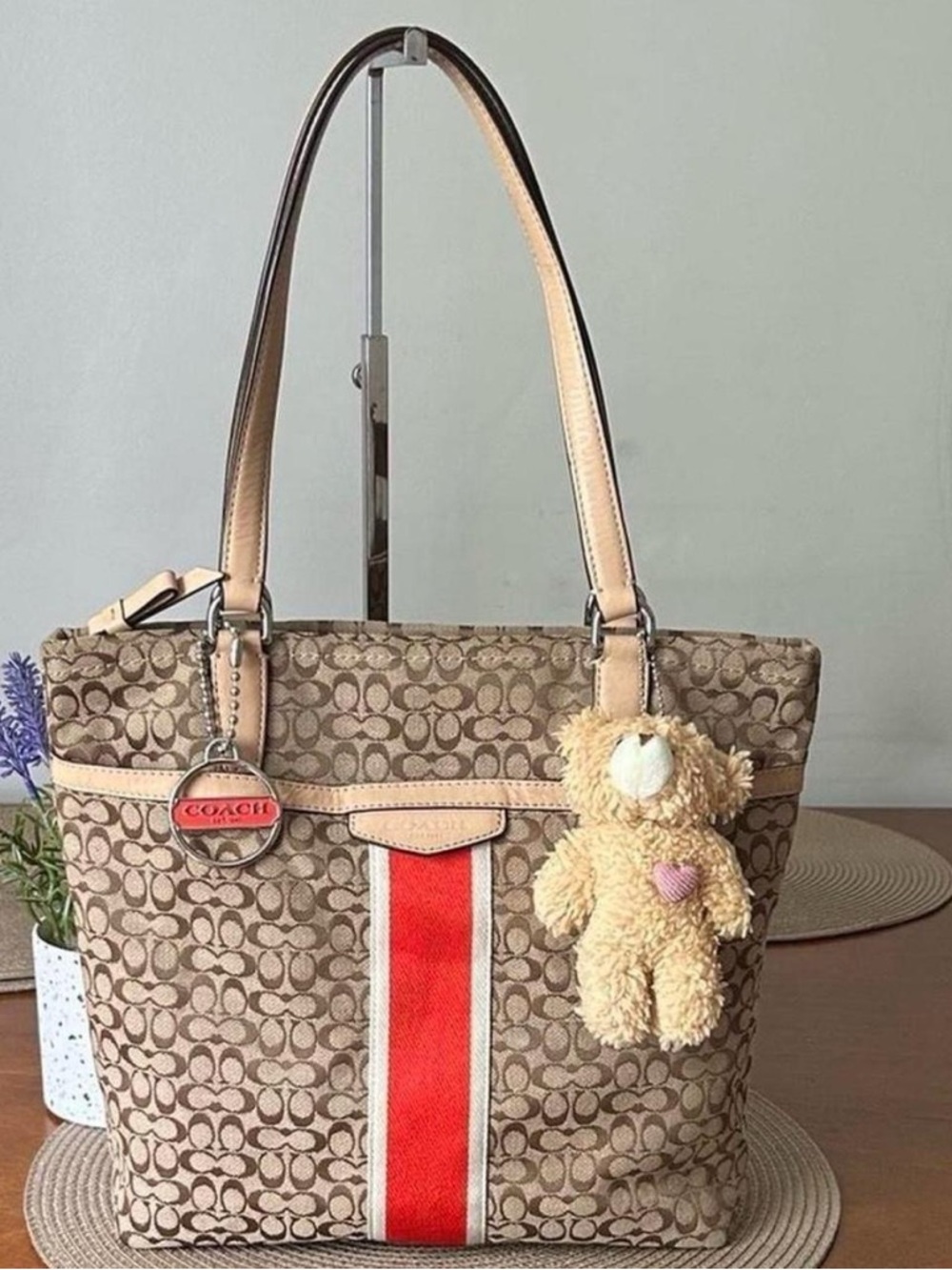 Coach Vintage Signature Canvas Tote with Orange Stripe  - Beige/Tan